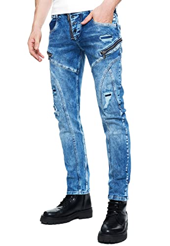 R-Neal Herren Jeans Hose Streetwear Stretch Cotton Destroyed Pants Biker Jeanshose Knopfleiste Vintage Used Clubwear Denim 237/239/240/241, Hosengröße:34W / 32L, Denim Color:12-239-2 von R-Neal