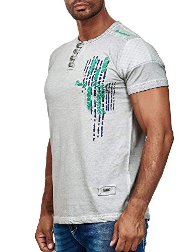 R-Neal Herren T-Shirt Verwaschen mit Knopfleiste und Seitlichem Aufdruck Freizeit Kurzarm-Shirt S - 4XL 6784, Farbe:Grau, Größe:2XL von R-Neal