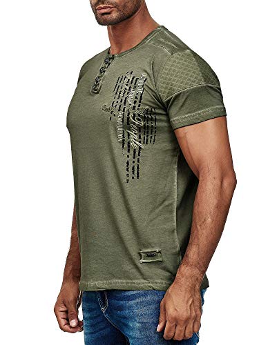 R-Neal Herren T-Shirt Verwaschen mit Knopfleiste und Seitlichem Aufdruck Freizeit Kurzarm-Shirt S - 4XL 6784, Farbe:Khaki, Größe:2XL von R-Neal