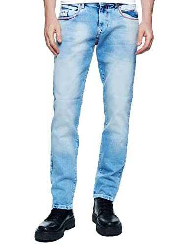 R-Neal Jeans-Hose Hell-Blau Herren-Hose Denim-Hose Ziernaht-Design Light Blue Denim Summer Pants Stretch-Stoff 236-1, Farbe:Hell Blau, Hosengröße:33W / 32L von R-Neal