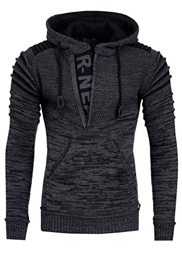 R-Neal Kapuzen-Pullover Herren Pullover Strick mit Kapuze Pulli Hoodie Zipper mit Front Brand Logo im Future Design 343, Farbe:Anthrazit, Größe:2XL von R-Neal