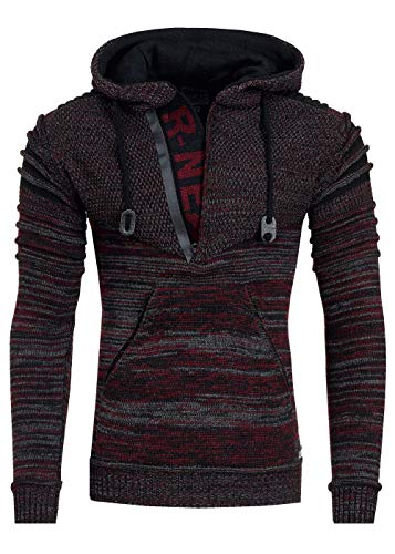 R-Neal Kapuzen-Pullover Herren Pullover Strick mit Kapuze Pulli Hoodie Zipper mit Front Brand Logo im Future Design 343, Farbe:Bordeaux, Größe:2XL von R-Neal