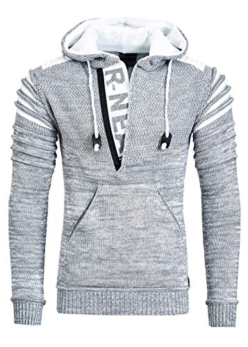 R-Neal Kapuzen-Pullover Herren Pullover Strick mit Kapuze Pulli Hoodie Zipper mit Front Brand Logo im Future Design 343, Farbe:Grau, Größe:2XL von R-Neal