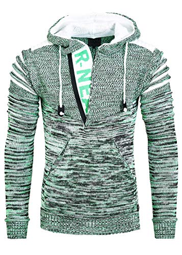 R-Neal Kapuzen-Pullover Herren Pullover Strick mit Kapuze Pulli Hoodie Zipper mit Front Brand Logo im Future Design 343, Farbe:Grün, Größe:2XL von R-Neal