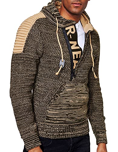R-Neal Kapuzen-Pullover Herren Strick Pullover Kapuzensweater Pulli Hoodie Strickpullover Zipper Longseleeve Logo 290, Farbe:Khaki, Größe:4XL von R-Neal