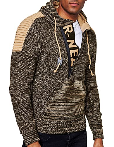 R-Neal Kapuzen-Pullover Herren Strick Pullover Kapuzensweater Pulli Hoodie Strickpullover Zipper Longseleeve Logo 290, Farbe:Khaki, Größe:XL von R-Neal