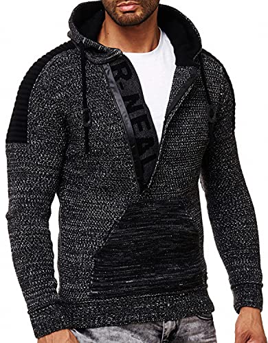 R-Neal Kapuzen-Pullover Herren Strick Pullover Kapuzensweater Pulli Hoodie Strickpullover Zipper Longseleeve Logo 290, Farbe:Schwarz, Größe:3XL von R-Neal