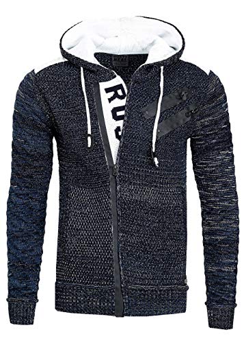 Kapuzen-Strick-Jacke Herren Strick Pullover Jacke mit Kapuze und Ausgefallenem Zipper Future Design 344, Farbe:Marine, Größe:XL von R-Neal