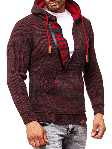 R-Neal Kapuzenpullover Knitwear Strick Kapuzen Pullover Herren Zipper Grobstrick Strickpullover Langarm 277, Farbe:Anthrazit/Rot, Größe:M von R-Neal