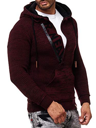 R-Neal Kapuzenpullover Knitwear Strick Kapuzen Pullover Herren Zipper Grobstrick Strickpullover Langarm 277, Farbe:Bordeaux, Größe:2XL von R-Neal