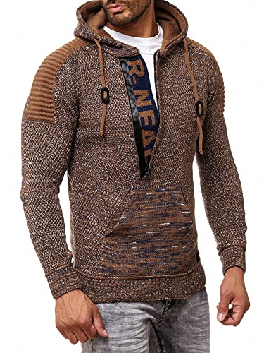 Kapuzenpullover Knitwear Strick Kapuzen Pullover Herren Zipper Grobstrick Strickpullover Langarm 277, Farbe:Camel 90, Größe:XL von R-Neal