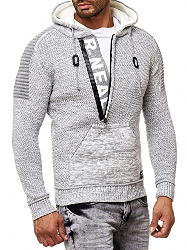 R-Neal Kapuzenpullover Knitwear Strick Kapuzen Pullover Herren Zipper Grobstrick Strickpullover Langarm 277, Farbe:Grau 90, Größe:L von R-Neal