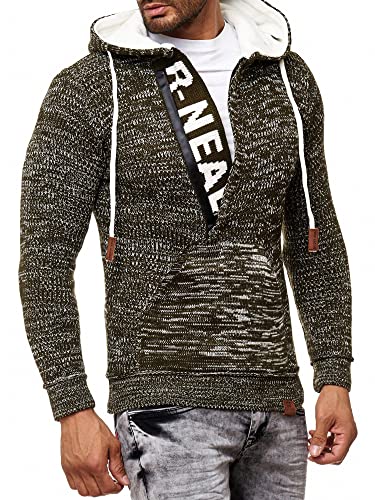 R-Neal Kapuzenpullover Knitwear Strick Kapuzen Pullover Herren Zipper Grobstrick Strickpullover Langarm 277, Farbe:Khaki, Größe:M von R-Neal