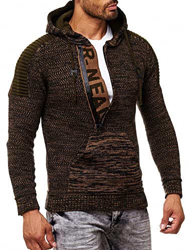 R-Neal Kapuzenpullover Knitwear Strick Kapuzen Pullover Herren Zipper Grobstrick Strickpullover Langarm 277, Farbe:Khaki 90, Größe:2XL von R-Neal