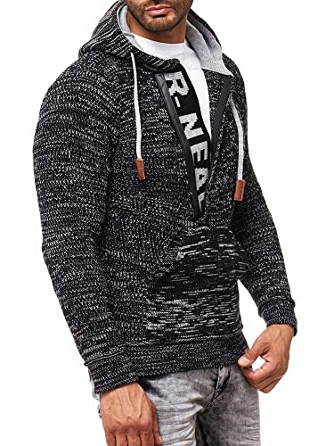 R-Neal Kapuzenpullover Knitwear Strick Kapuzen Pullover Herren Zipper Grobstrick Strickpullover Langarm 277, Farbe:Schwarz/Grau, Größe:3XL von R-Neal