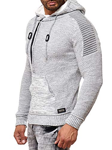 Kapuzenpullover Knitwear Strick Kapuzen Pullover Herren Zipper Grobstrick Strickpullover Langarm 290, Farbe:Grau, Größe:XL von R-Neal