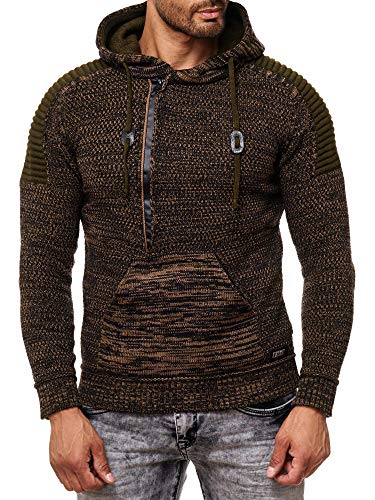 R-Neal Kapuzenpullover Knitwear Strick Kapuzen Pullover Herren Zipper Grobstrick Strickpullover Langarm 290, Farbe:Khaki, Größe:M von R-Neal