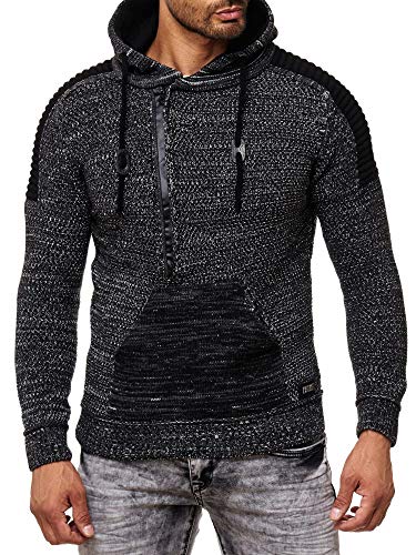 R-Neal Kapuzenpullover Knitwear Strick Kapuzen Pullover Herren Zipper Grobstrick Strickpullover Langarm 290, Farbe:Schwarz, Größe:4XL von R-Neal
