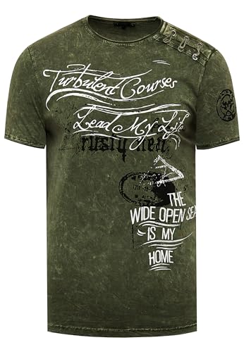 R-Neal T-Shirt Herren Seitliche Knopfleiste Oxid Washed mit Individuellem Front Print Stretch Streetwear Freizeit-Shirt 194, Farbe:Khaki, Größe:M von R-Neal