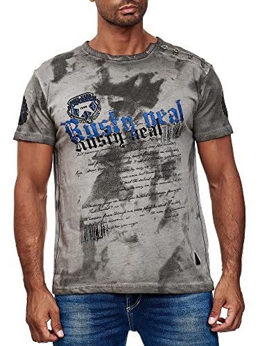 R-Neal T-Shirt Herren Seitliche Knopfleiste Washed mit Individuellem Front Print Stretch Streetwear Freizeit-Shirt 156, Farbe:Anthrazit, Größe:2XL von R-Neal