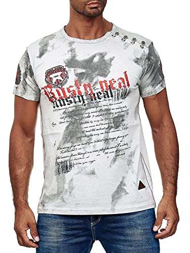 R-Neal T-Shirt Herren Seitliche Knopfleiste Washed mit Individuellem Front Print Stretch Streetwear Freizeit-Shirt 156, Farbe:Grau, Größe:L von R-Neal