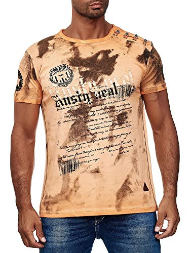 R-Neal T-Shirt Herren Seitliche Knopfleiste Washed mit Individuellem Front Print Stretch Streetwear Freizeit-Shirt 156, Farbe:Orange, Größe:XL von R-Neal
