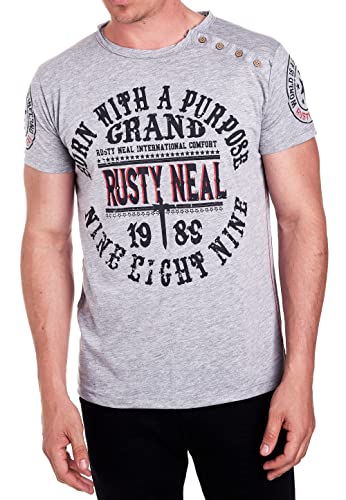 R-Neal T-Shirt Herren Seitliche Knopfleiste mit Individuellem Front Print Stretch Streetwear Freizeit-Shirt S M L XL XXL 216, Farbe:Grau, Größe:XL von R-Neal