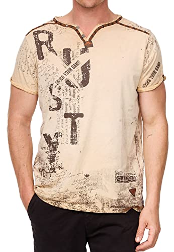 R-Neal T-Shirt Herren Weit-Geschnittener V-Neck T-Shirt mit Front und Back Print Verwaschen mit Knopfleiste und Wildleder-Details 289, Farbe:Beige, Größe:L von R-Neal