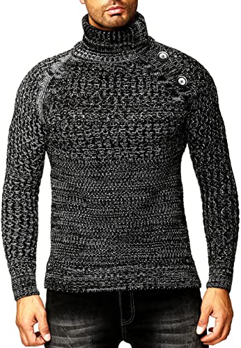 Rollkragen Winter Pullover mit Seitlicher Knopfleiste Schwerer Grobstrick Pullover mit Stehkragen Rolli S - 4XL 338, Farbe:Schwarz, Größe:M von R-Neal