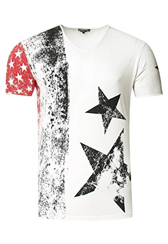 Rusty Neal Herren T-Shirt Kurzarm Amerika USA Stars and Stripes V-Neck 100% Baumwolle S M L XL XXL 3XL, Farbe:Weiß, Größe:2XL von R-Neal