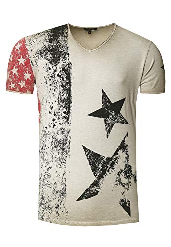 Rusty Neal Herren T-Shirt Kurzarm Amerika USA Stars and Stripes V-Neck 100% Baumwolle S M L XL XXL 3XL, Größe:L, Farbe:Beige von R-Neal