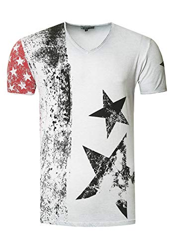 Rusty Neal Herren T-Shirt Kurzarm Amerika USA Stars and Stripes V-Neck 100% Baumwolle S M L XL XXL 3XL, Größe:L, Farbe:Grau von R-Neal