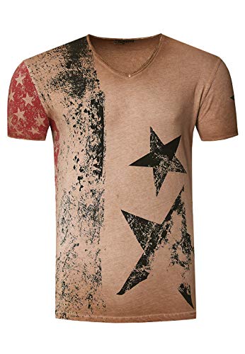 Rusty Neal Herren T-Shirt Kurzarm Amerika USA Stars and Stripes V-Neck 100% Baumwolle S M L XL XXL 3XL, Größe:XL, Farbe:Camel von R-Neal