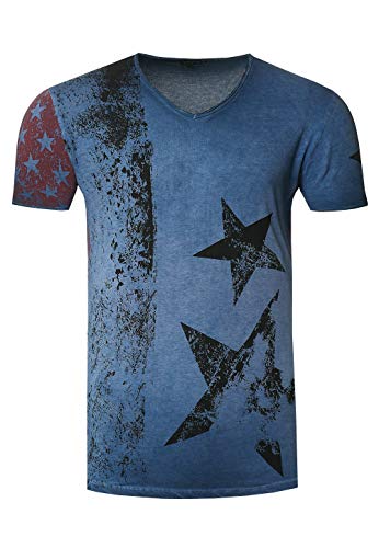 Rusty Neal Herren T-Shirt Kurzarm Amerika USA Stars and Stripes V-Neck 100% Baumwolle S M L XL XXL 3XL, Größe:XL, Farbe:Indigo von R-Neal