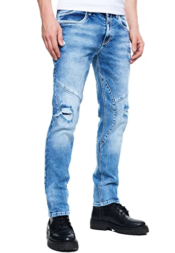 Stretch-Jeans-Hose Herren Regular Fit im Streetwear Biker Style Blue Used Destroyed Weiße Ziernaht Freizeithose 243-3, Farbe:Hell Blau, Hosengröße:36W / 32L von R-Neal
