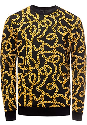 Sweater Herren Jacquard-Musterung Sweatshirt Gold X Silber Streetwear Hoodie Sweat-Shirt 141, Farbe:Gelb, Größe:2XL von R-Neal