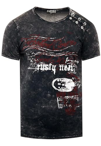 T-Shirt Herren 'Rusty Neal' Seitliche Knopfleiste Oxid Washed mit Individuellem Front Print Stretch Streetwear Freizeit-Shirt 194, Farbe:Anthrazit, Größe:2XL von R-Neal