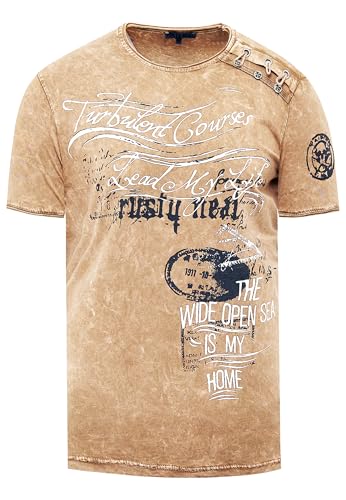 R-Neal T-Shirt Herren Seitliche Knopfleiste Oxid Washed mit Individuellem Front Print Stretch Streetwear Freizeit-Shirt 194, Farbe:Camel, Größe:2XL von R-Neal