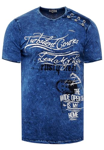 T-Shirt Herren 'Rusty Neal' Seitliche Knopfleiste Oxid Washed mit Individuellem Front Print Stretch Streetwear Freizeit-Shirt 194, Farbe:Marine, Größe:2XL von R-Neal