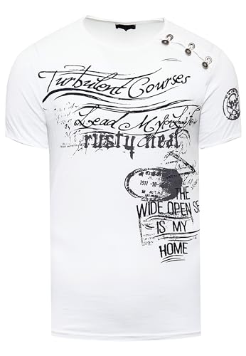 T-Shirt Herren 'Rusty Neal' Seitliche Knopfleiste Oxid Washed mit Individuellem Front Print Stretch Streetwear Freizeit-Shirt 194, Farbe:Weiß, Größe:L von R-Neal