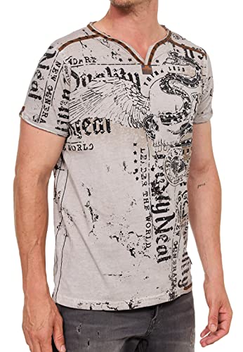 T-Shirt Herren V-Neck Verwaschen mit Wildleder-Nieten-Details Absolut Einzigartiger Herren-Shirt im Freizeit-Rocker-Look 297, Farbe:Beige, Größe:L von R-Neal