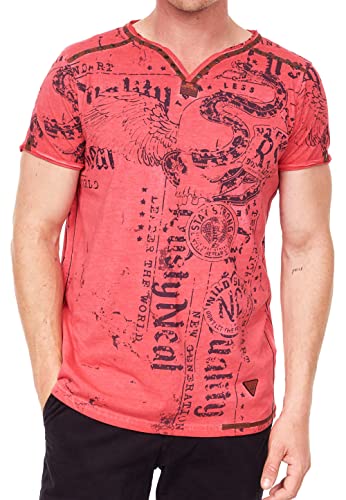 T-Shirt Herren V-Neck Verwaschen mit Wildleder-Nieten-Details Absolut Einzigartiger Herren-Shirt im Freizeit-Rocker-Look 297, Farbe:Rot, Größe:L von R-Neal