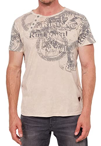 T-Shirt Herren Verwaschen mit Plakativem Seitlichem Fron Print im Streetwear Freizeit Design Seitliche-Knopfleiste Oxid Washed 291, Farbe:Beige, Größe:3XL von R-Neal