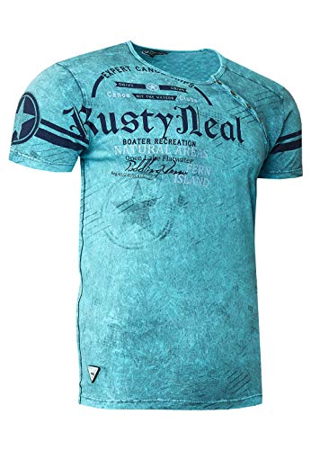 T-Shirt Regular Original Rusty Neal College Shirt Knopfleiste Print Verwaschen Regular 245, Farbe:Petrol, Größe:2XL von R-Neal