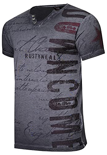 T-Shirt 'Rusty Neal' V-Neck mit Knopfleiste Verwaschen & Bedruckt Plakativer Seitlicher Logo Print Kurzarm 271, Farbe:Anthrazit, Größe:2XL von R-Neal