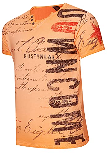 T-Shirt 'Rusty Neal' V-Neck mit Knopfleiste Verwaschen & Bedruckt Plakativer Seitlicher Logo Print Kurzarm 271, Farbe:Orange, Größe:L von R-Neal