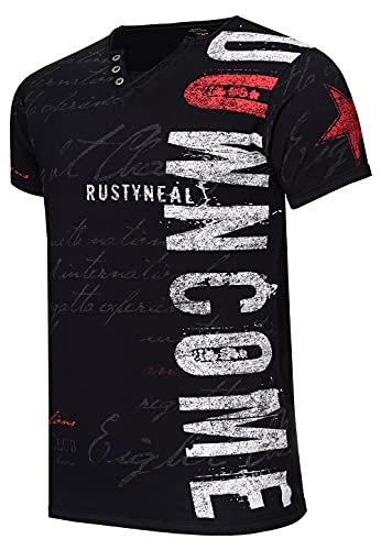 T-Shirt 'Rusty Neal' V-Neck mit Knopfleiste Verwaschen & Bedruckt Plakativer Seitlicher Logo Print Kurzarm 271, Farbe:Schwarz, Größe:2XL von R-Neal