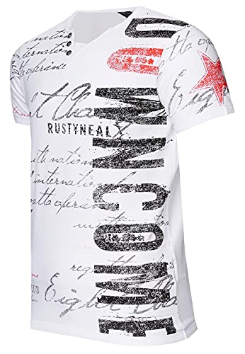 T-Shirt 'Rusty Neal' V-Neck mit Knopfleiste Verwaschen & Bedruckt Plakativer Seitlicher Logo Print Kurzarm 271, Farbe:Weiß, Größe:M von R-Neal
