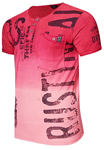T-Shirt Verwaschen mit Plakativem Aufdruck Knopfleiste Used-Look Rundhals Kurzarm 'Rusty Neal' Shirt 272, Farbe:Bordeaux, Größe:2XL von R-Neal