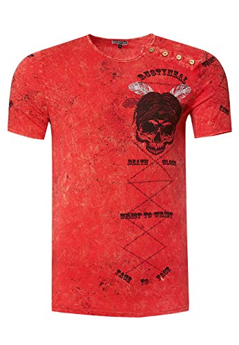 T-Shirt Washed Oil Vintage Knopfleiste Herren Rundhals Verwaschen Skull Head Regular Designer 262, Farbe:Rot, Größe:2XL von R-Neal